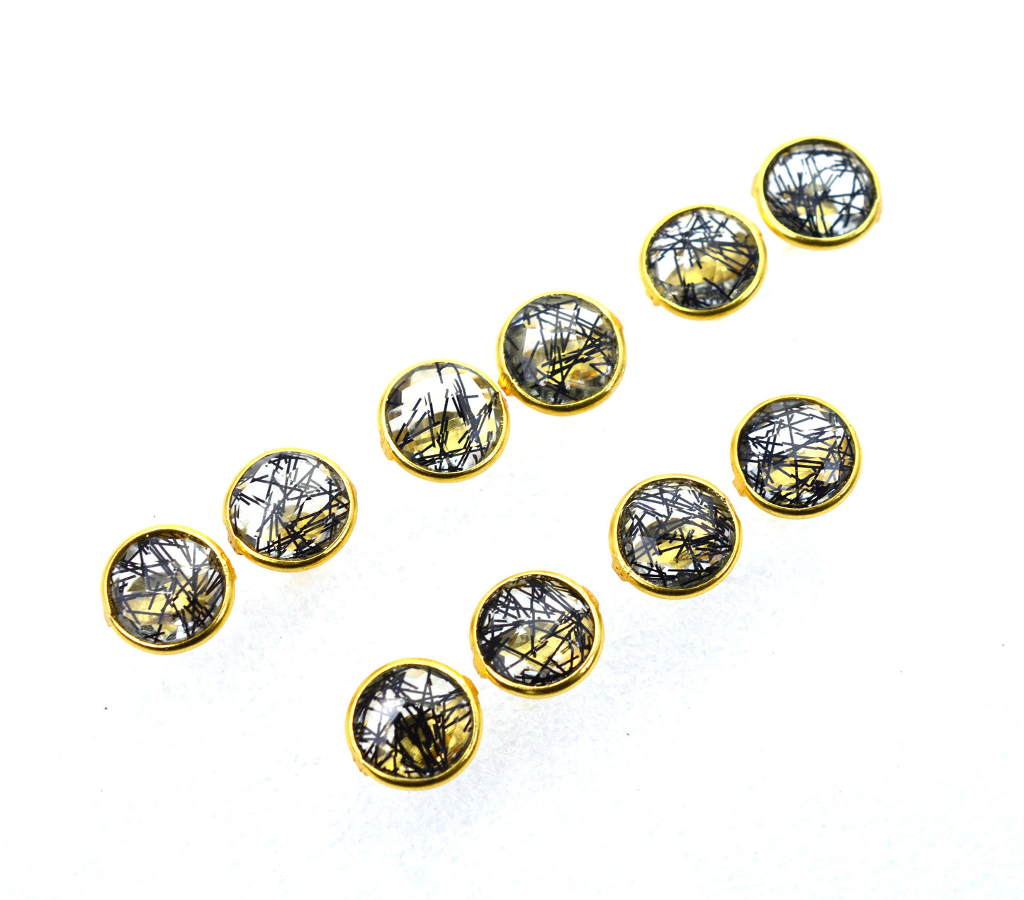WHOLESALE 5PR 925 SOLID STERLING 24CT GOLD OVERLAY CUT BLACK RUTILE STUD LOT