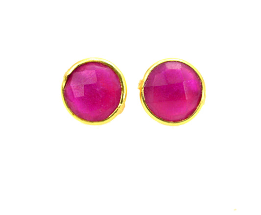 925 STERLING 24CT GOLD OVERLAY CUT Simulated Ruby STUD EARRING