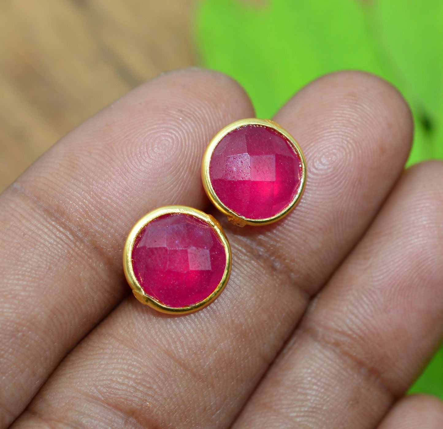 925 STERLING 24CT GOLD OVERLAY CUT Simulated Ruby STUD EARRING