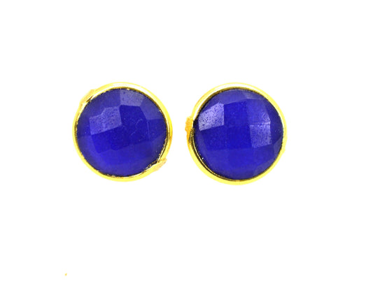 925 STERLING SILVER 24CT GOLD OVERLAY BLUE Simulated Sapphire STUD EARRING
