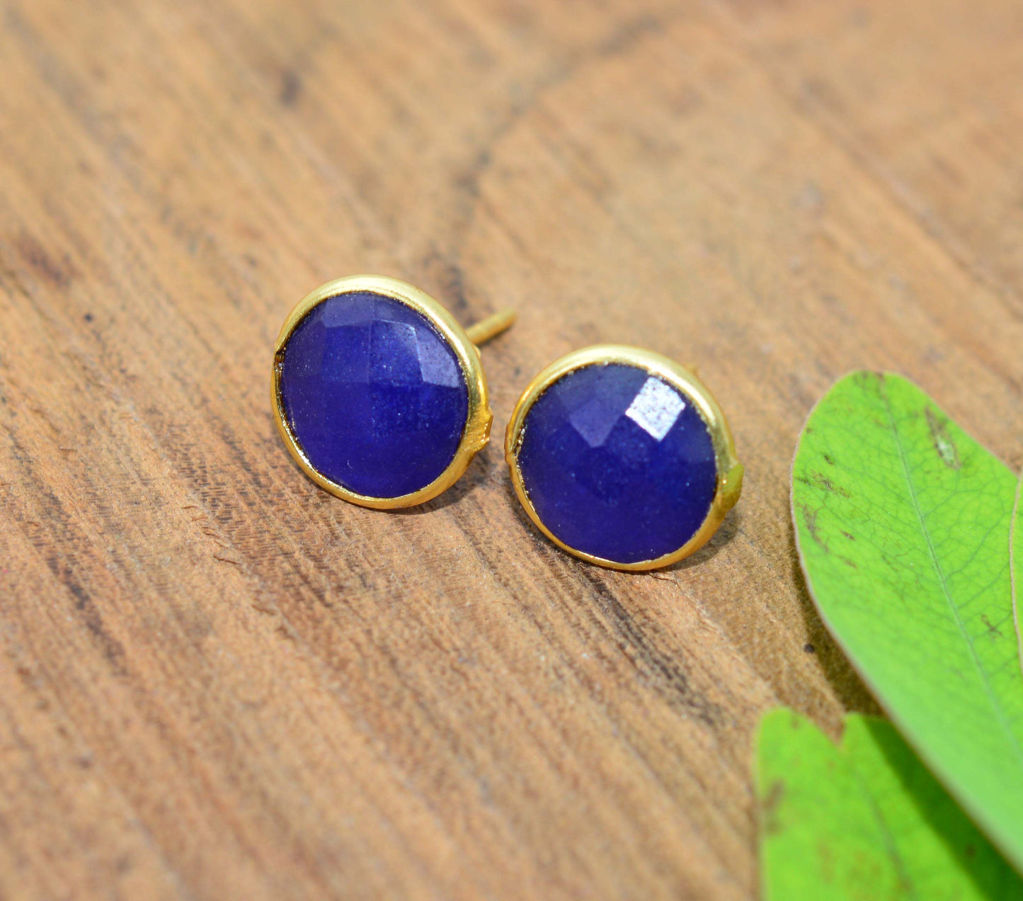 925 STERLING SILVER 24CT GOLD OVERLAY BLUE Simulated Sapphire STUD EARRING