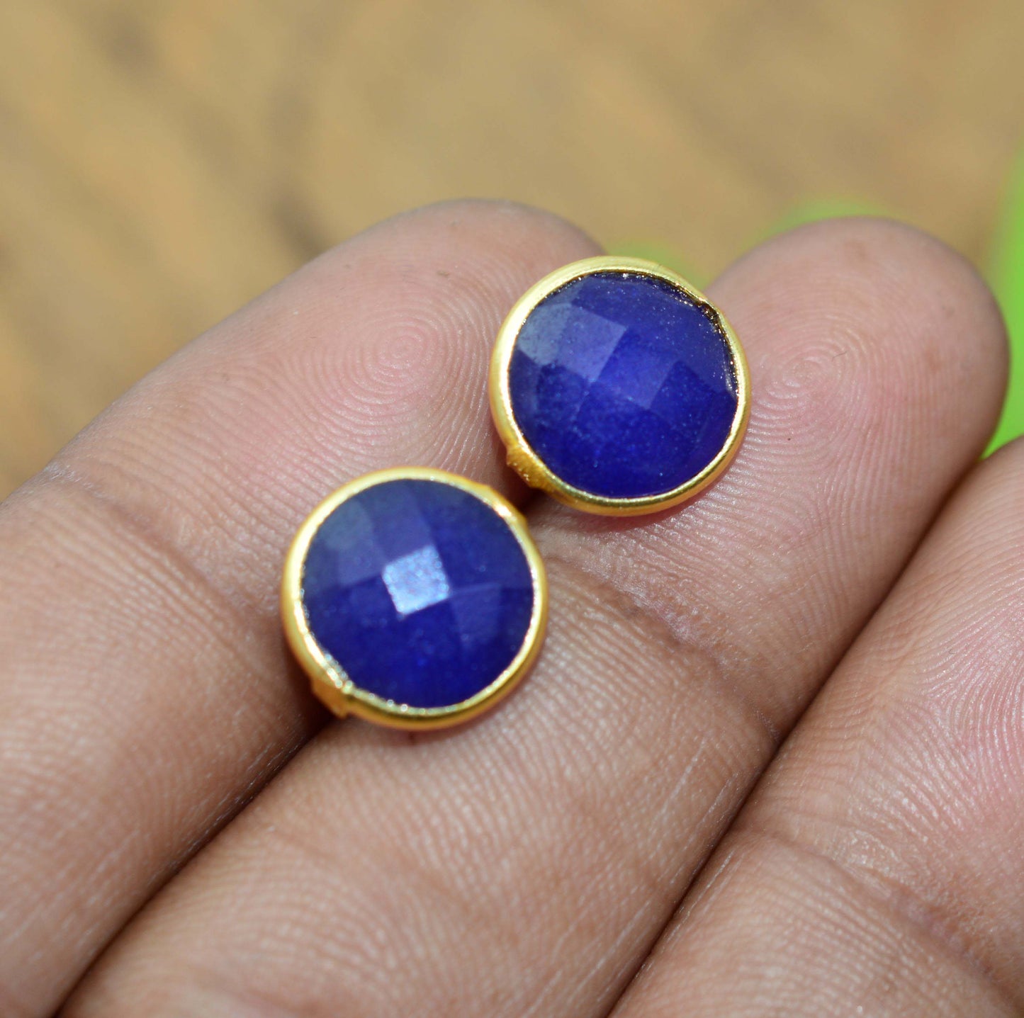 925 STERLING SILVER 24CT GOLD OVERLAY BLUE Simulated Sapphire STUD EARRING