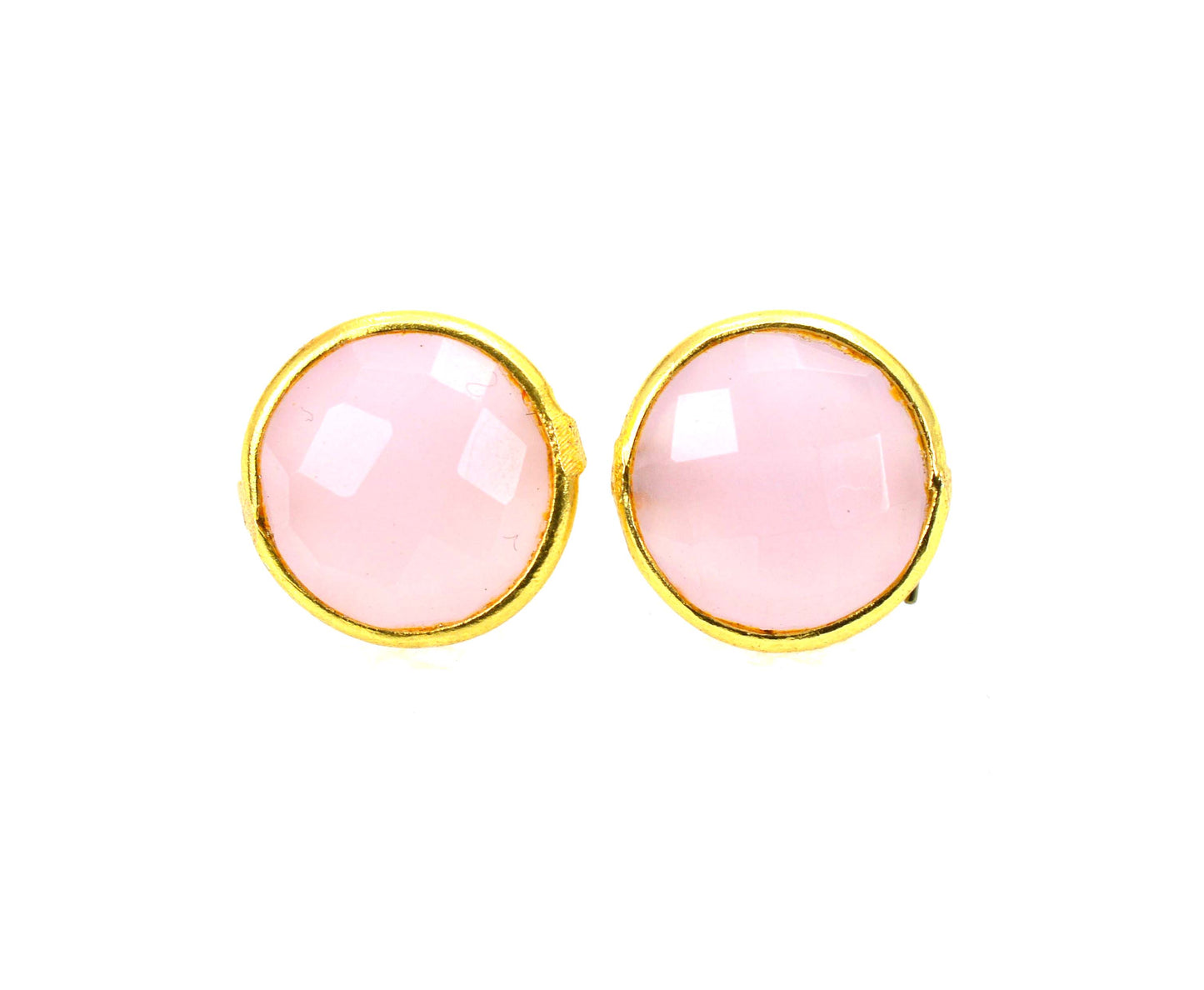 925 SOLID STERLING SILVER 24CT GOLD OVERLAY CUT PINK ROSE QUARTZ STUD EARRING