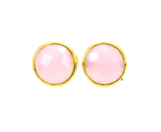925 SOLID STERLING SILVER 24CT GOLD OVERLAY CUT PINK ROSE QUARTZ STUD EARRING