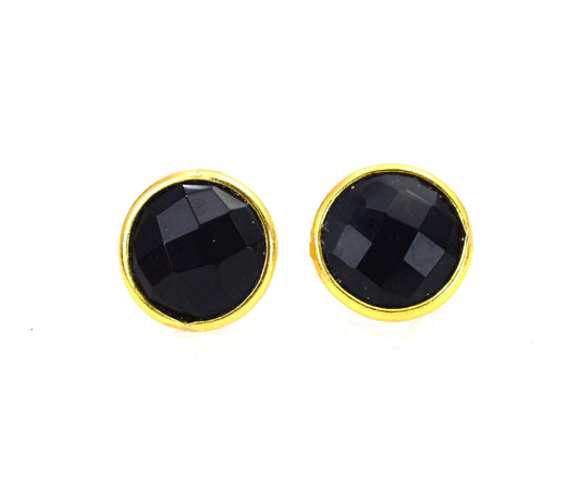 925 SOLID STERLING SILVER 24CT GOLD OVERLAY CUT BLACK ONYX STUD EARRING