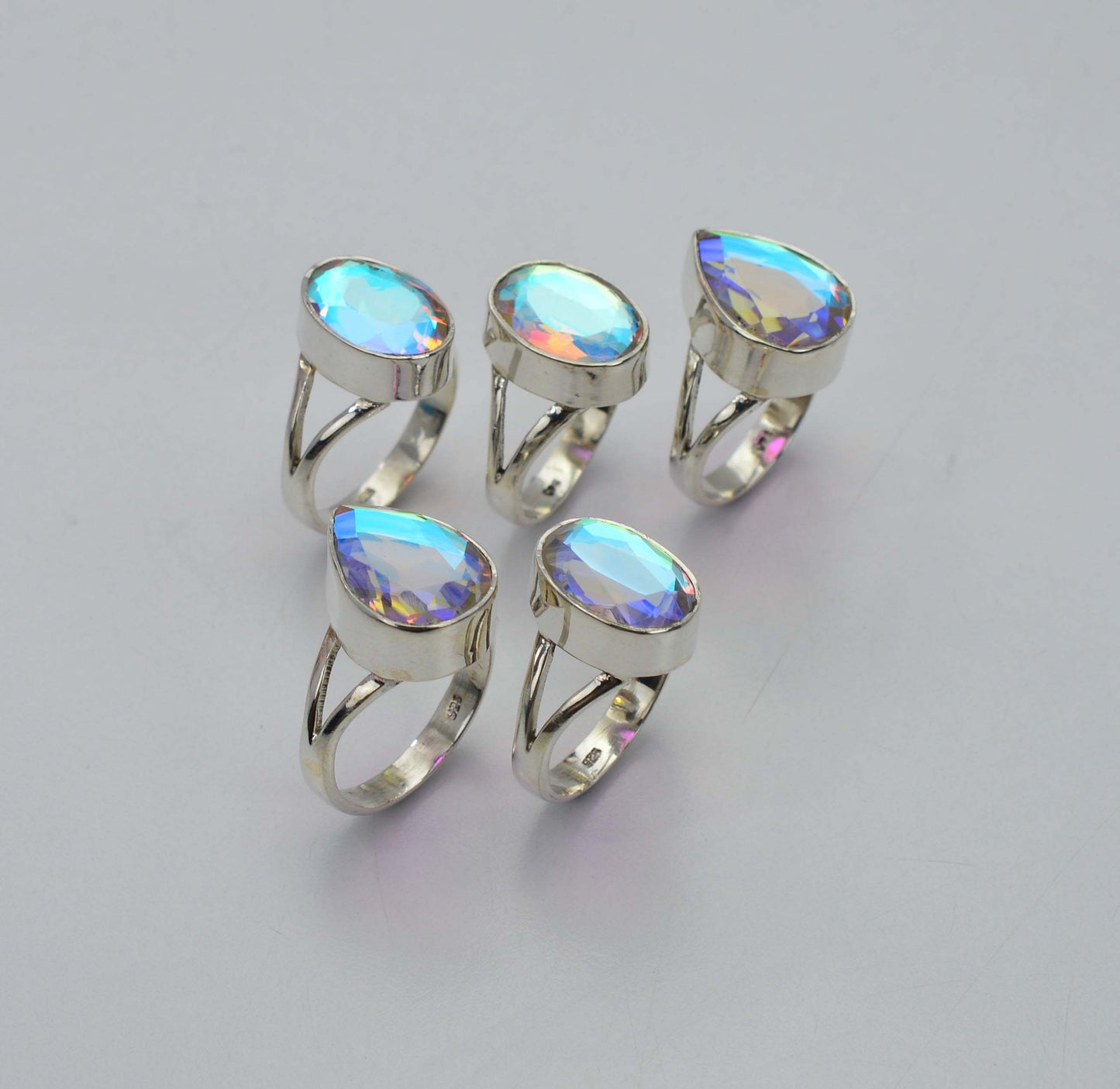 WHOLESALE 5PC 925 SOLID STERLING SILVER CUT RAINBOW MYSTIC QUARTZ RING LOT
