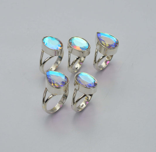 WHOLESALE 5PC 925 SOLID STERLING SILVER CUT RAINBOW MYSTIC QUARTZ RING LOT