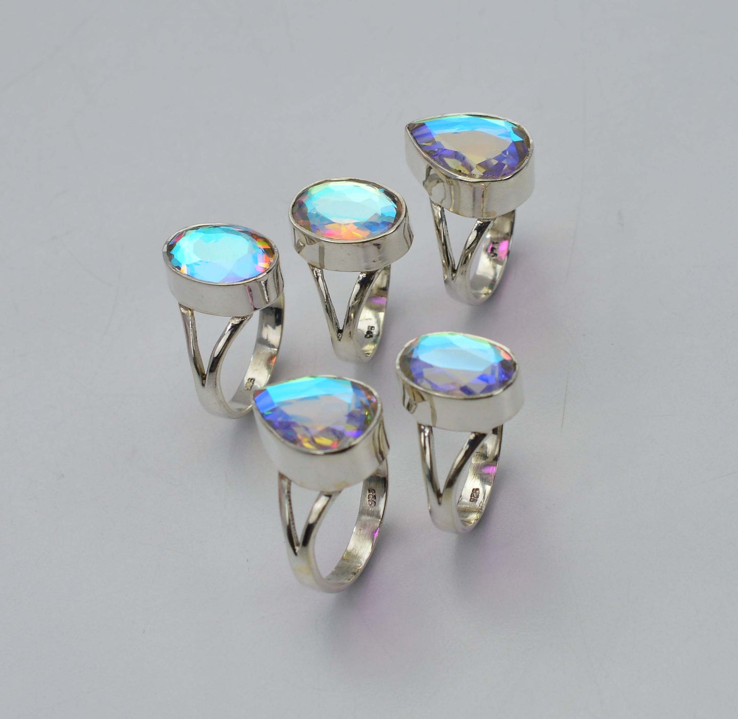 WHOLESALE 5PC 925 SOLID STERLING SILVER CUT RAINBOW MYSTIC QUARTZ RING LOT