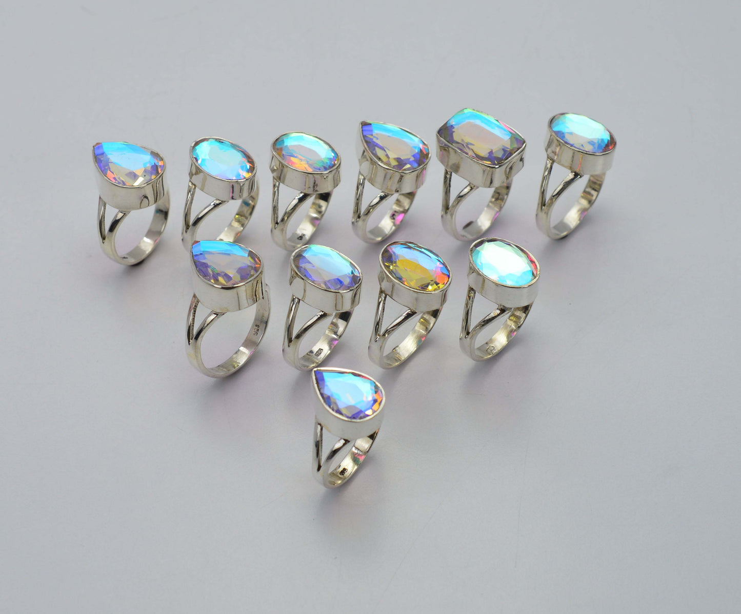 WHOLESALE 11PC 925 SOLID STERLING SILVER CUT RAINBOW MYSTIC QUARTZ RING LOT