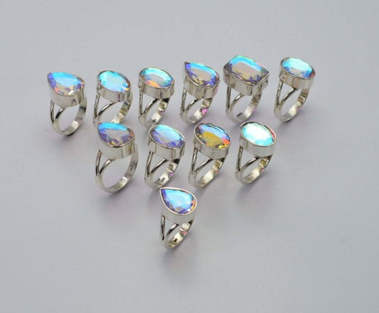 WHOLESALE 11PC 925 SOLID STERLING SILVER CUT RAINBOW MYSTIC QUARTZ RING LOT