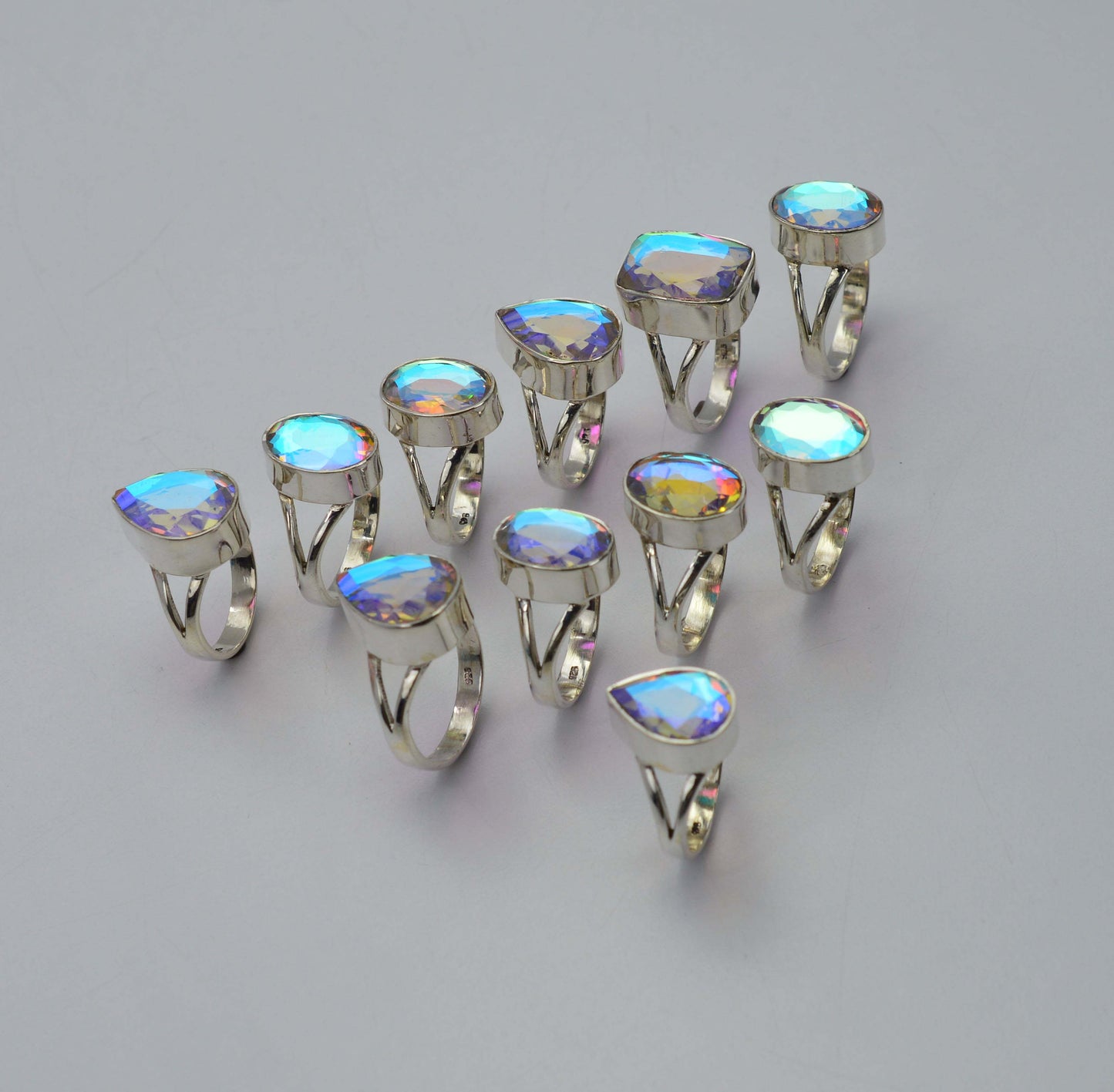 WHOLESALE 11PC 925 SOLID STERLING SILVER CUT RAINBOW MYSTIC QUARTZ RING LOT