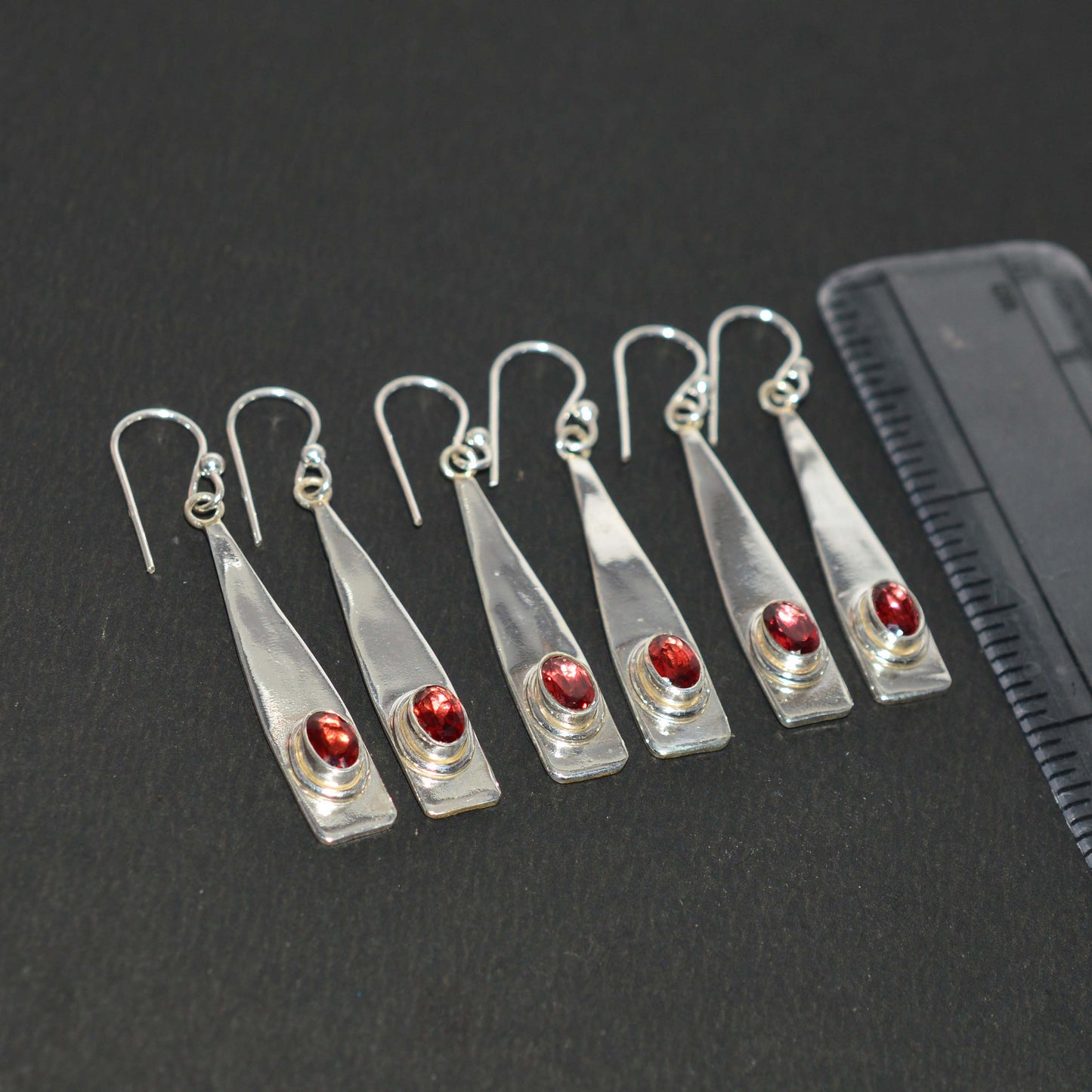 WHOLESALE 3PR 925 SOLID STERLING SILVER CUT RED GARNET HOOK EARRING LOT