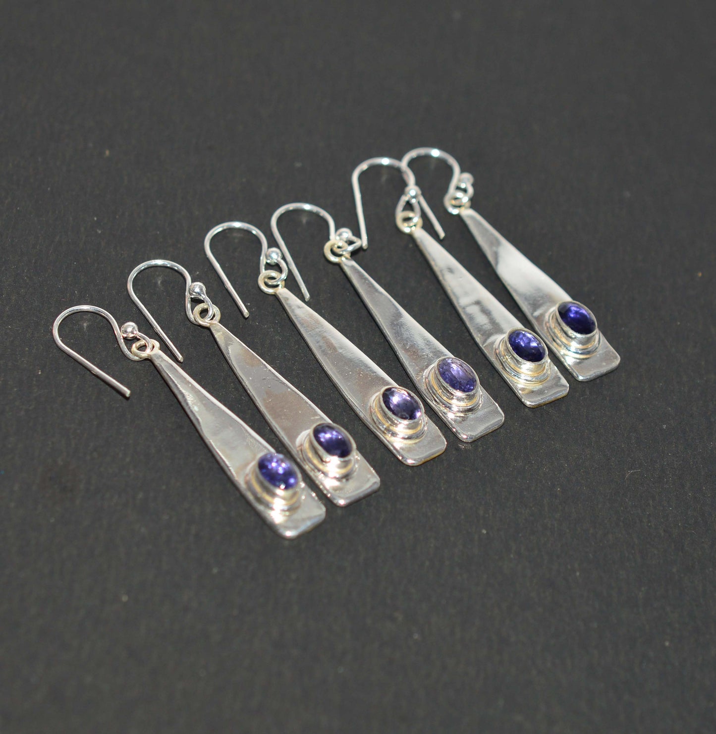 WHOLESALE 3PR 925 SOLID STERLING SILVER CUT BLUE IOLITE HOOK EARRING LOT