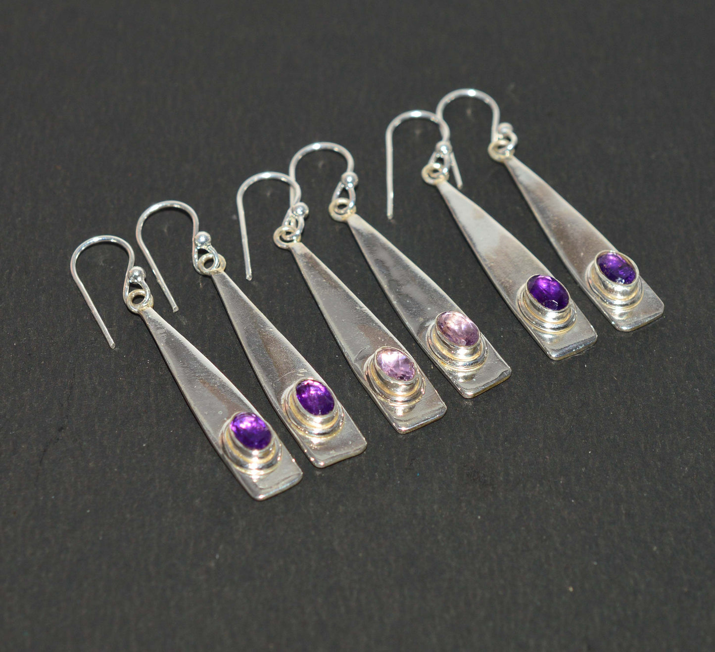 WHOLESALE 3PR 925 SOLID STERLING SILVER CUT PURPLE AMETHYST HOOK EARRING LOT