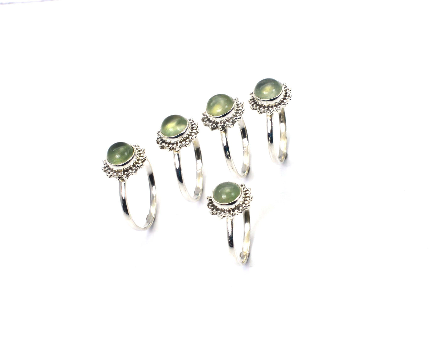 WHOLESALE 5PC 925 SOLID STERLING SILVER GREEN PREHNITE RING LOT