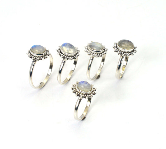 WHOLESALE 5PC 925 SOLID STERLING SILVER WHITE RAINBOW MOONSTONE RING LOT