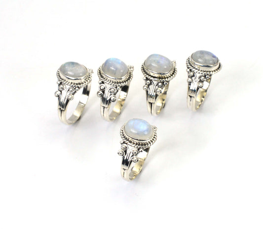 WHOLESALE 5PC 925 SOLID STERLING SILVER WHITE RAINBOW MOONSTONE RING LOT