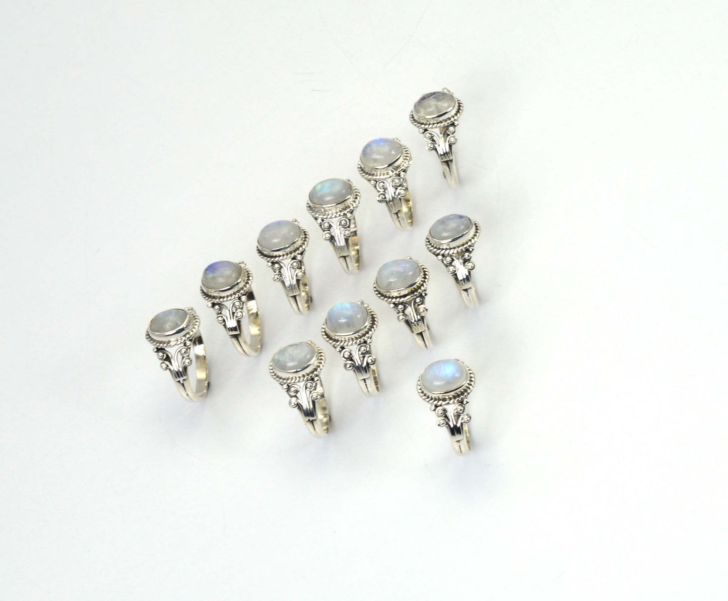 WHOLESALE 11PC 925 SOLID STERLING SILVER WHITE RAINBOW MOONSTONE RING LOT