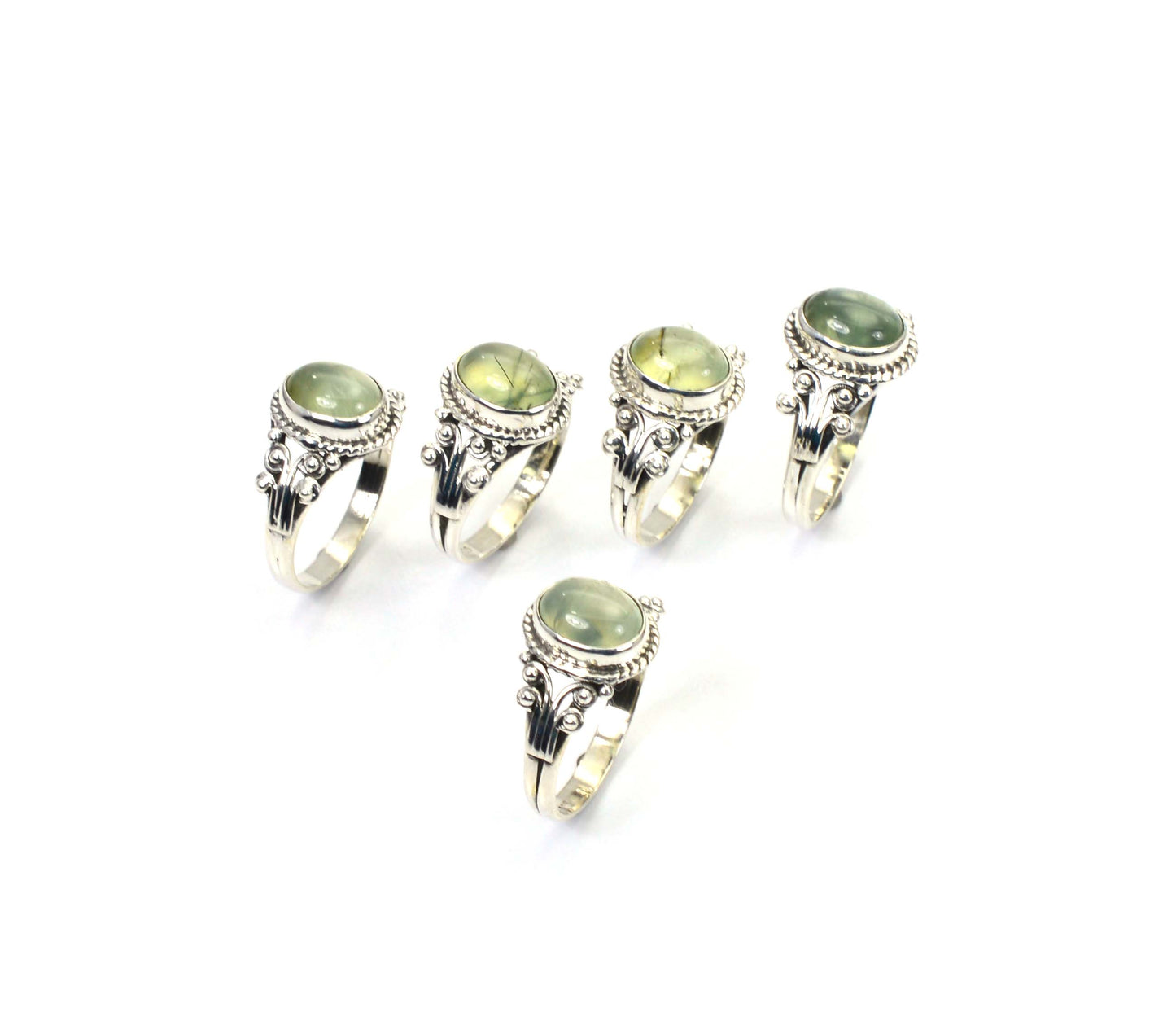 WHOLESALE 5PC 925 SOLID STERLING SILVER GREEN PREHNITE RING LOT