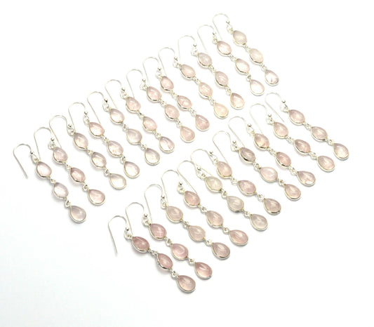 WHOLESALE 11PR 925 SOLID STERLING SILVER PINK ROSE QUARTZ HOOK EARRING LOT