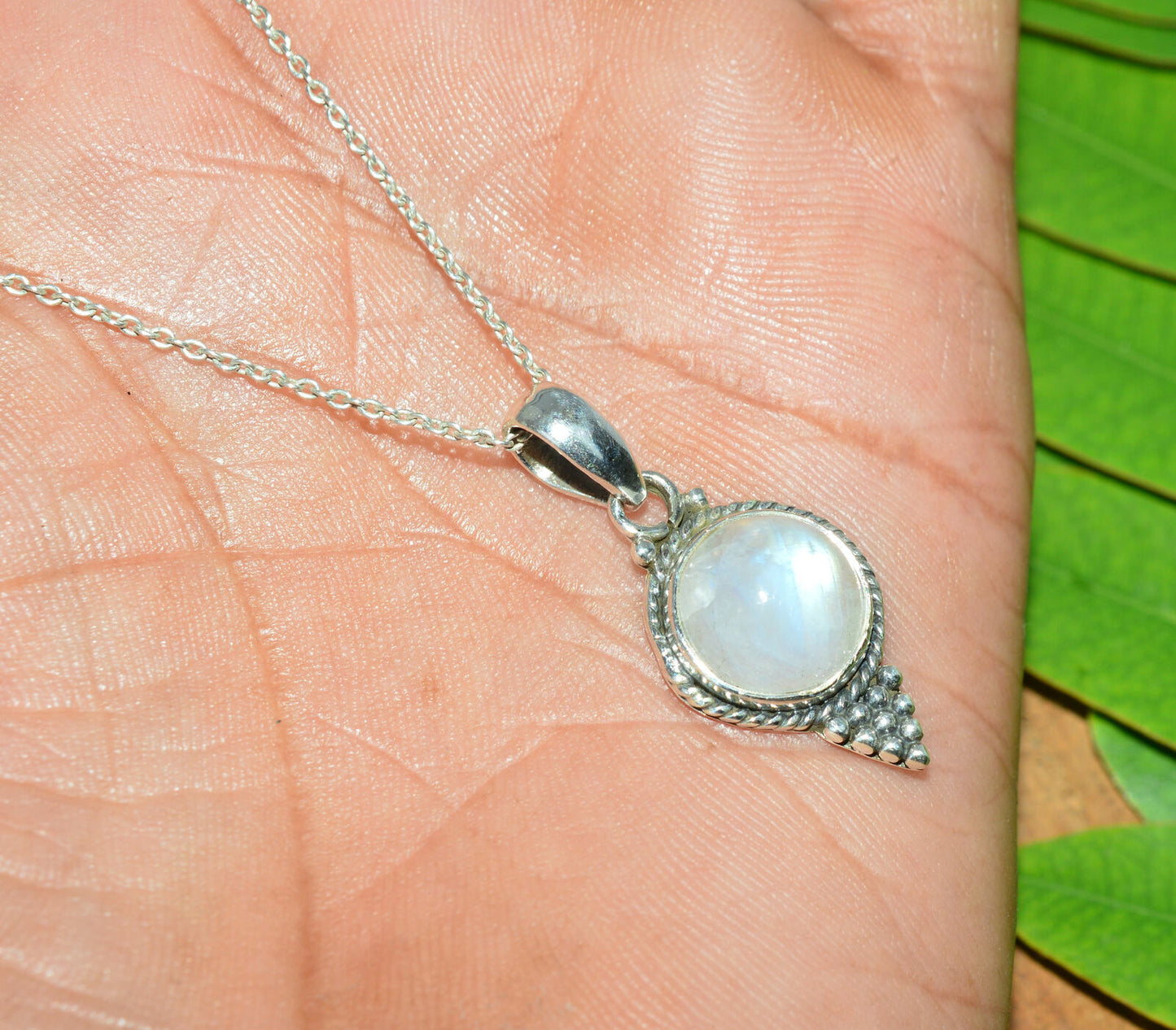 925 SOLID STERLING SILVER WHITE RAINBOW MOONSTONE CHAIN PENDANT