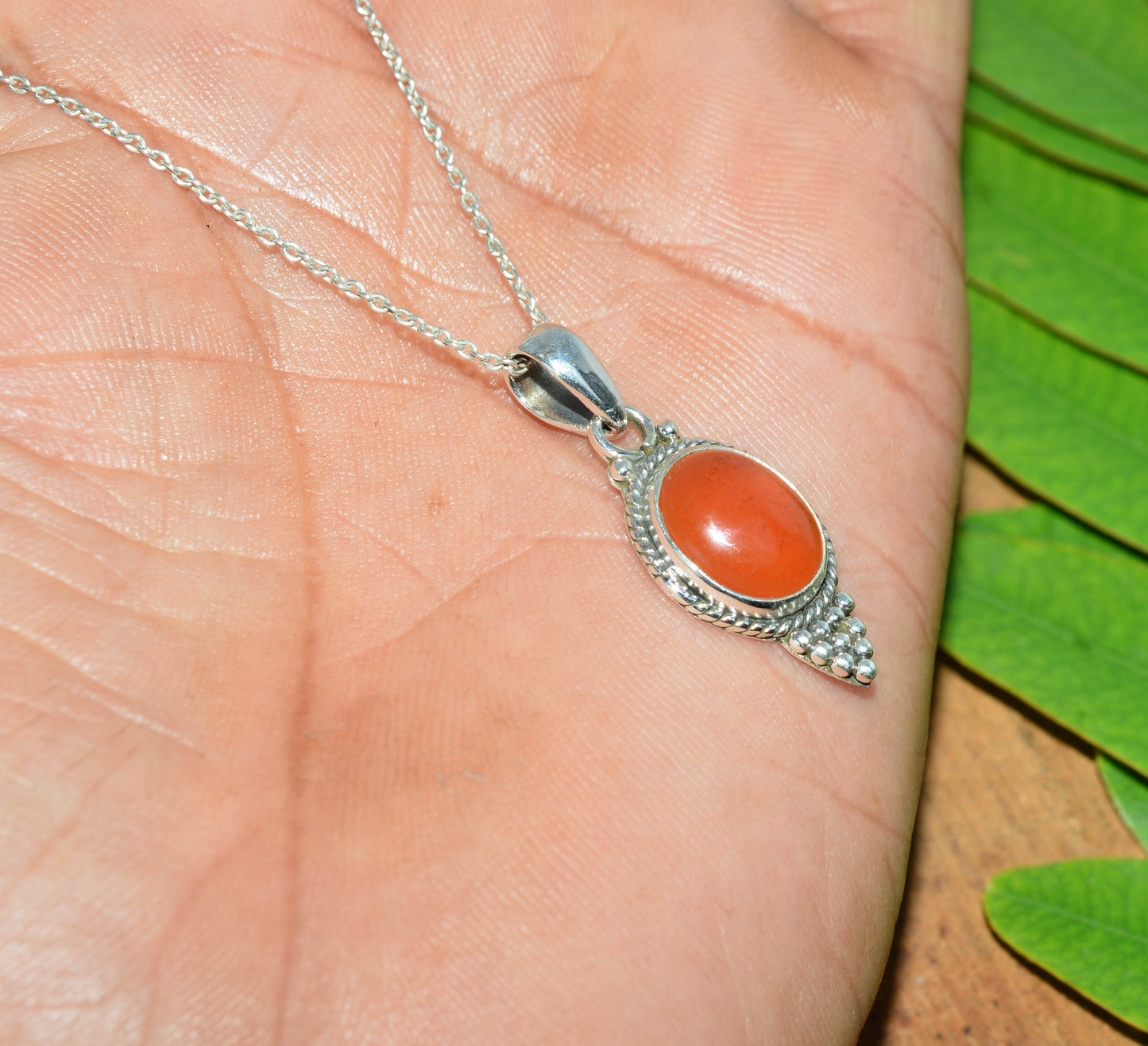 925 SOLID STERLING SILVER RED CARNELIAN CHAIN PENDANT