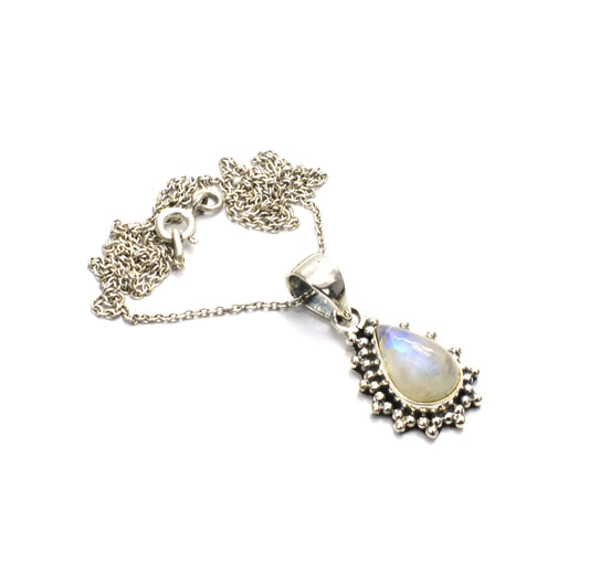 925 SOLID STERLING SILVER WHITE RAINBOW MOONSTONE CHAIN PENDANT