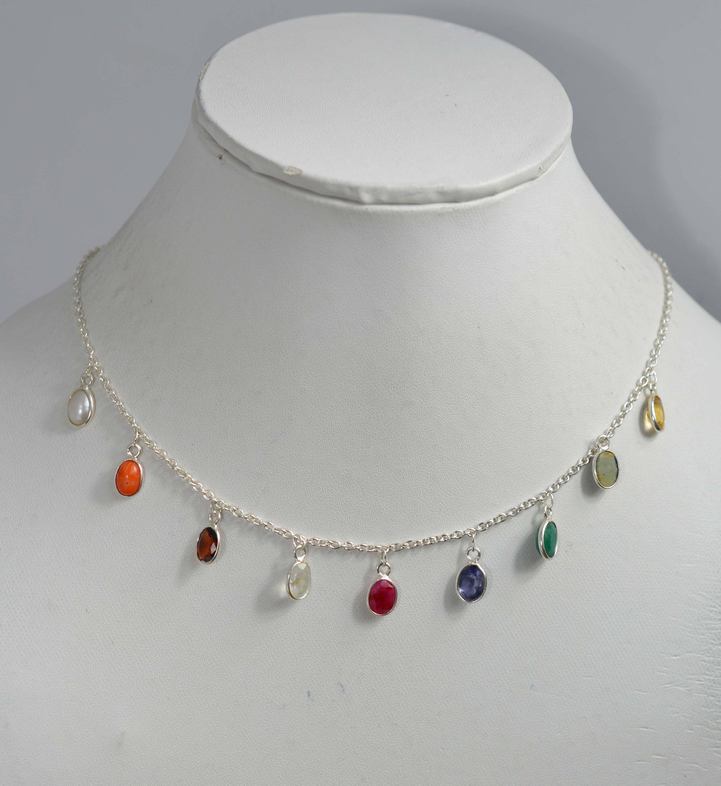 925 SOLID STERLING SILVER CUT GREEN Simulated Emerald MIX STONE NECKLACE