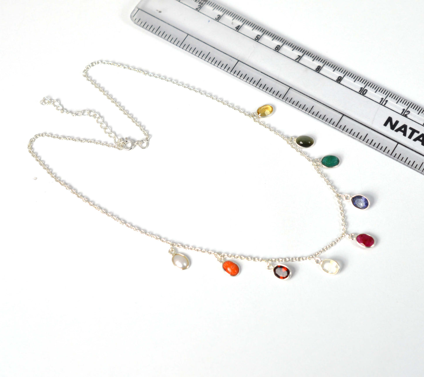 925 Solid Sterling Silver Mix stone Nvratan Necklace - 5.6 Grams