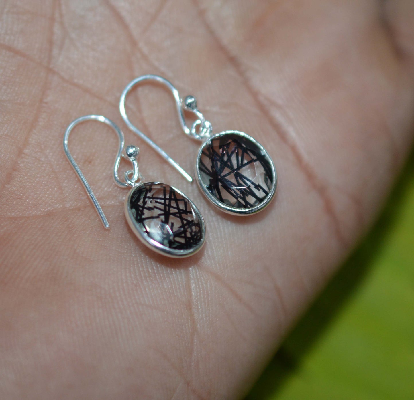925 SOLID STERLING SILVER FACETED BLACK RUTILE HOOK EARRING-1 INCH