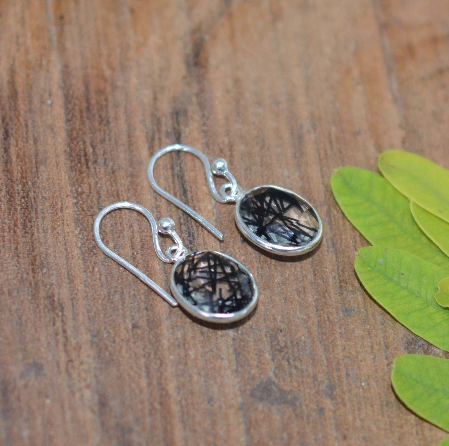 925 SOLID STERLING SILVER FACETED BLACK RUTILE HOOK EARRING-1 INCH