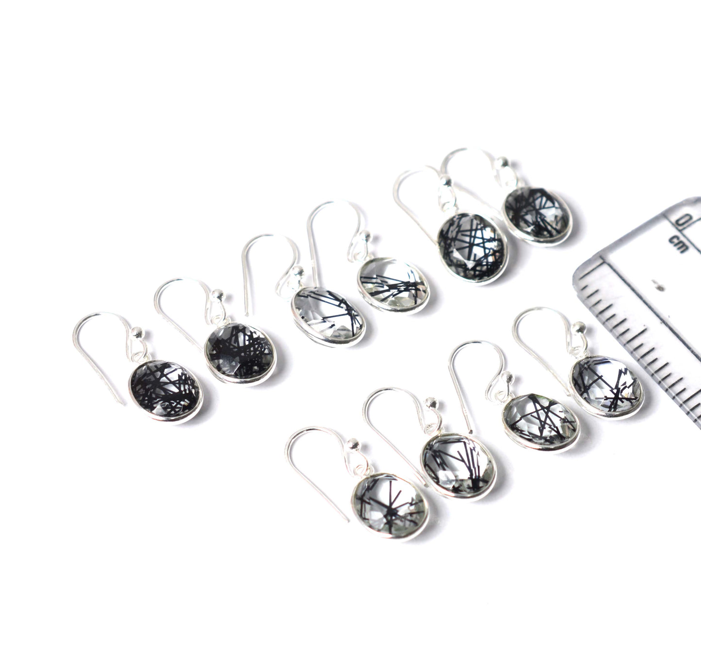 WHOLESALE 5PR 925 SOLID STERLING SILVER CUT BLACK RUTILE HOOK EARRING LOT