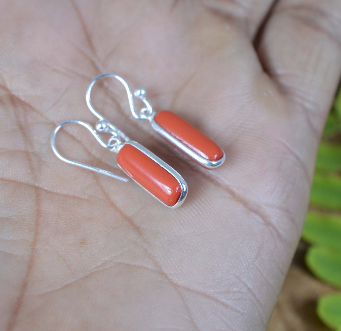 925 SOLID STERLING SILVER RED CORAL HOOK EARRING-1 INCH