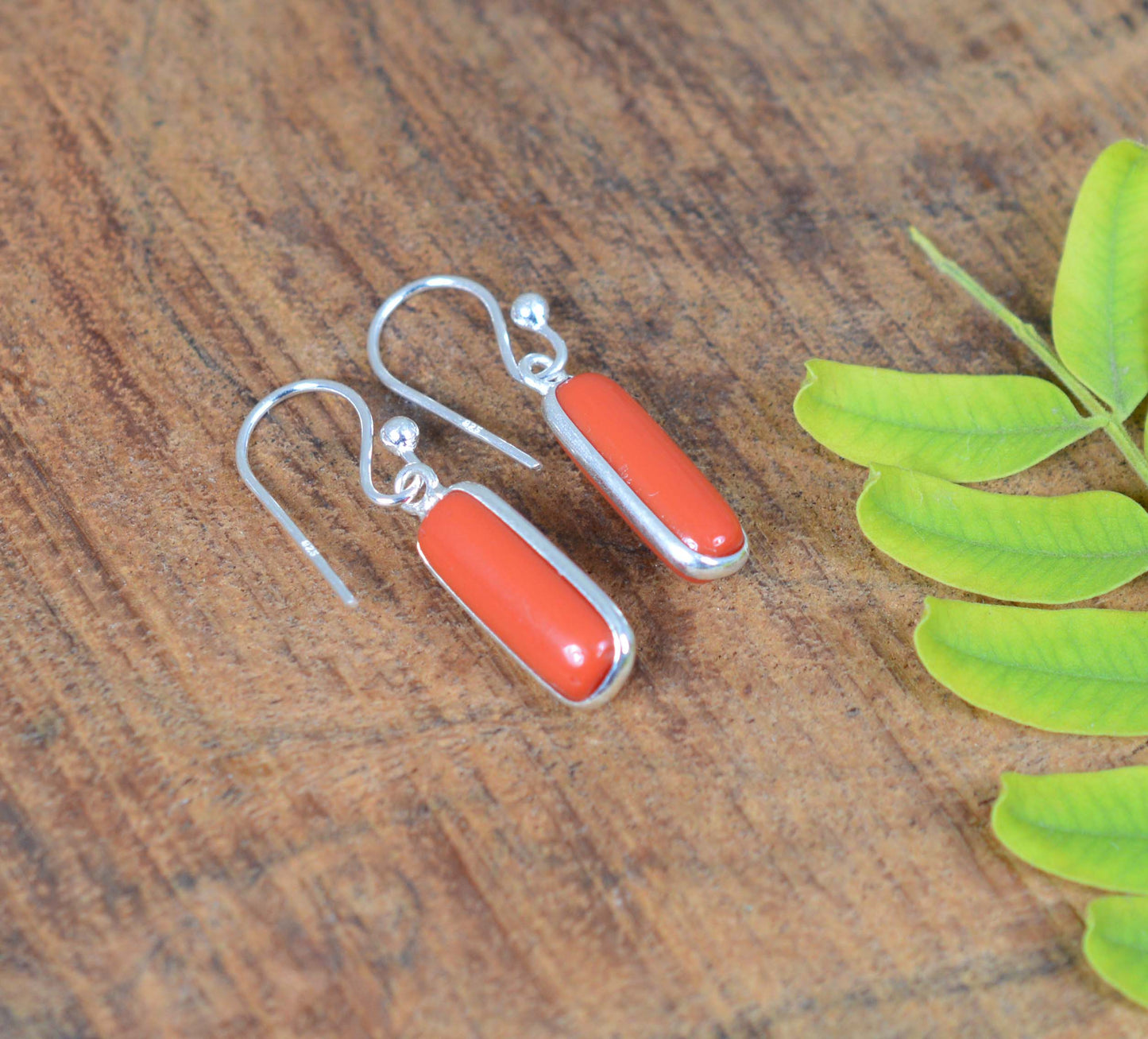 925 SOLID STERLING SILVER RED CORAL HOOK EARRING-1 INCH