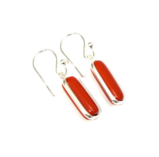 925 SOLID STERLING SILVER RED CORAL HOOK EARRING-1 INCH