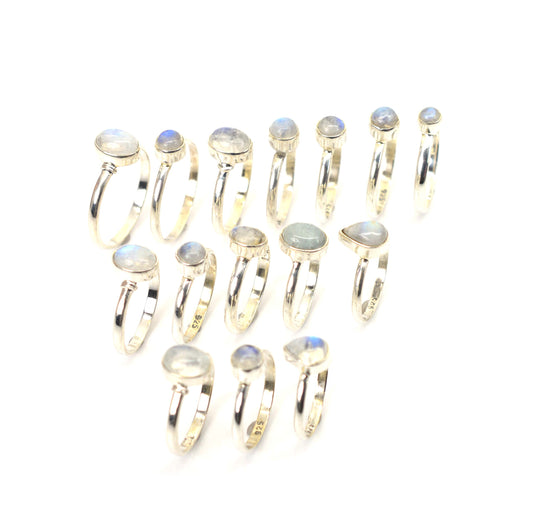 WHOLESALE 15PC 925 SOLID STERLING SILVER WHITE RAINBOW MOONSTONE RING LOT