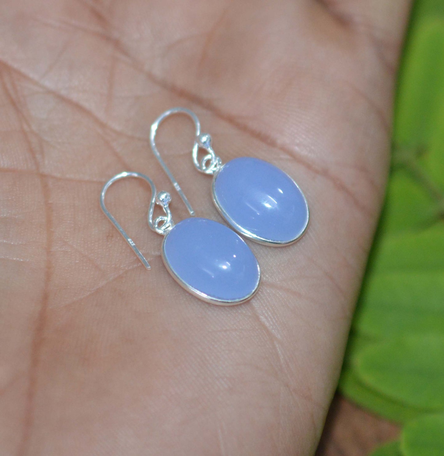925 SOLID STERLING SILVER BLUE CHALCEDONY HOOK EARRING-1 INCH