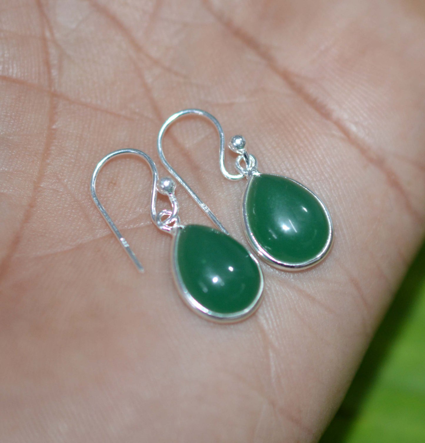 925 SOLID STERLING SILVER GREEN ONYX HOOK EARRING-1 INCH