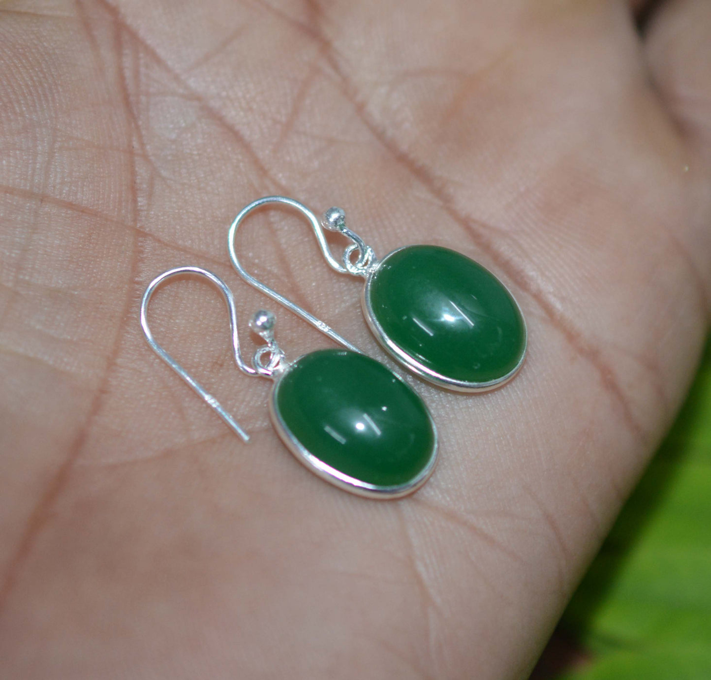 925 SOLID STERLING SILVER GREEN ONYX HOOK EARRING-1 INCH
