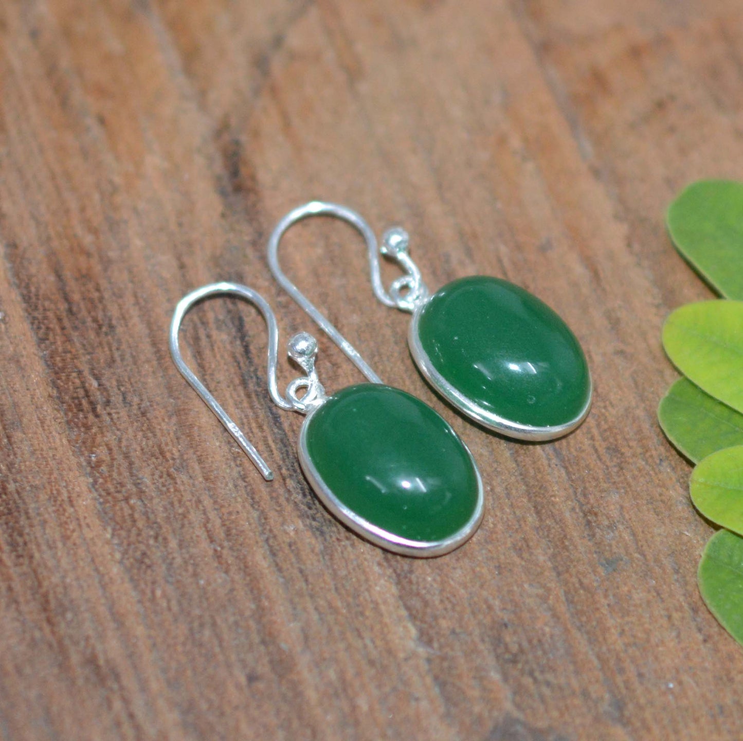 925 SOLID STERLING SILVER GREEN ONYX HOOK EARRING-1 INCH