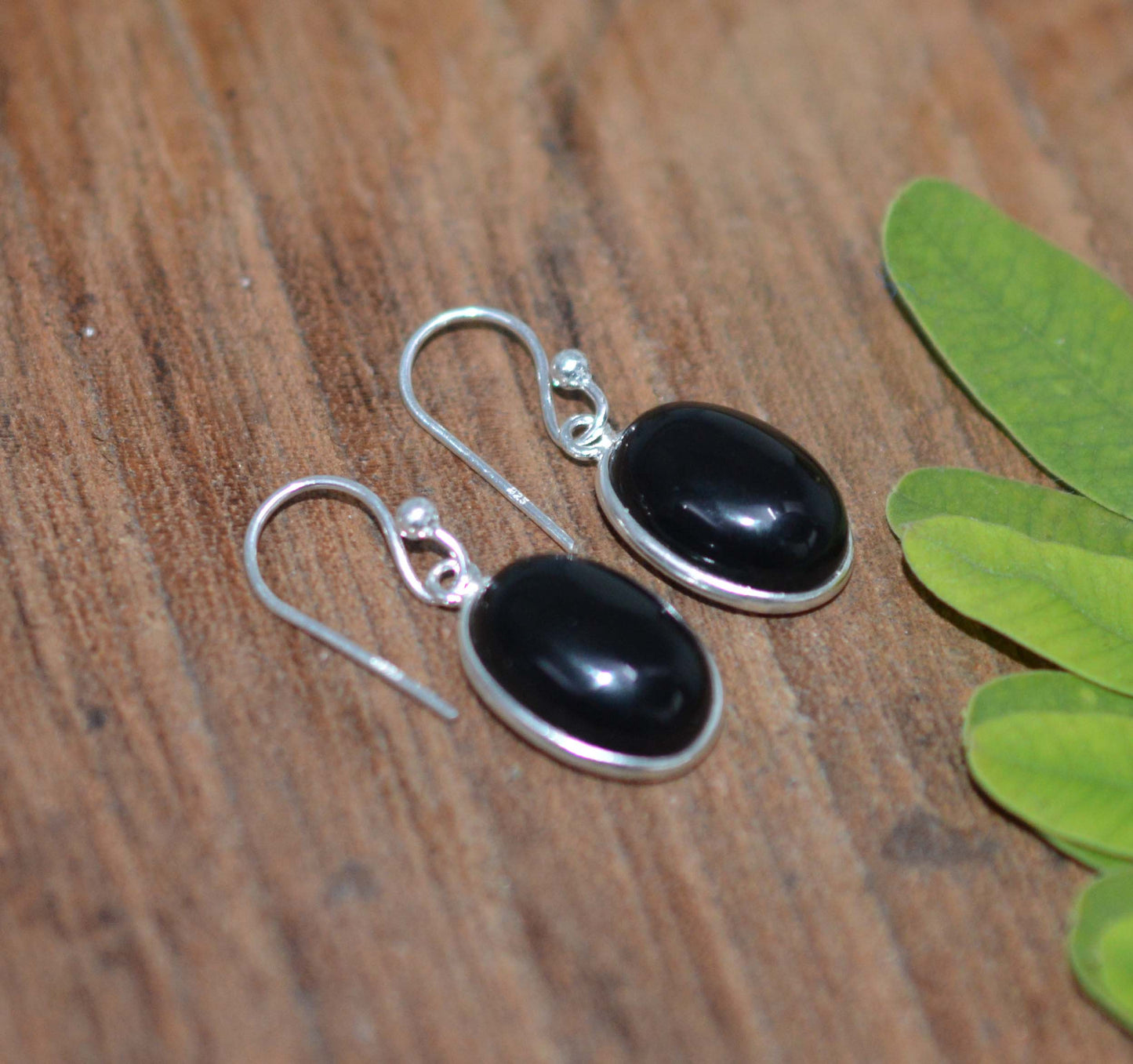 925 SOLID STERLING SILVER BLACK ONYX HOOK EARRING-1 INCH