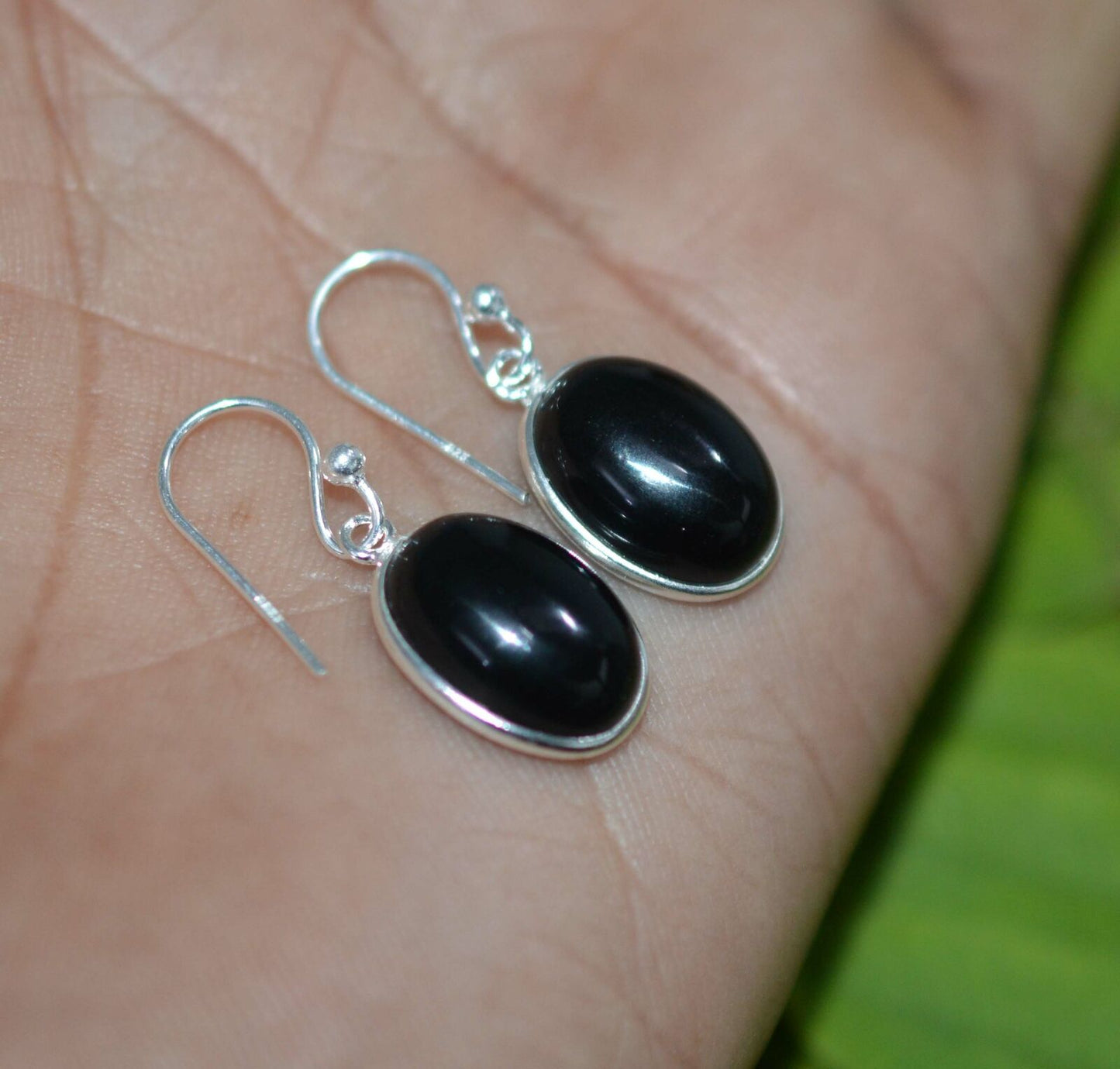 925 SOLID STERLING SILVER BLACK ONYX HOOK EARRING-1 INCH