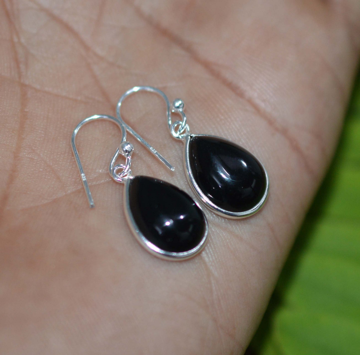 925 SOLID STERLING SILVER BLACK ONYX HOOK EARRING-1 INCH