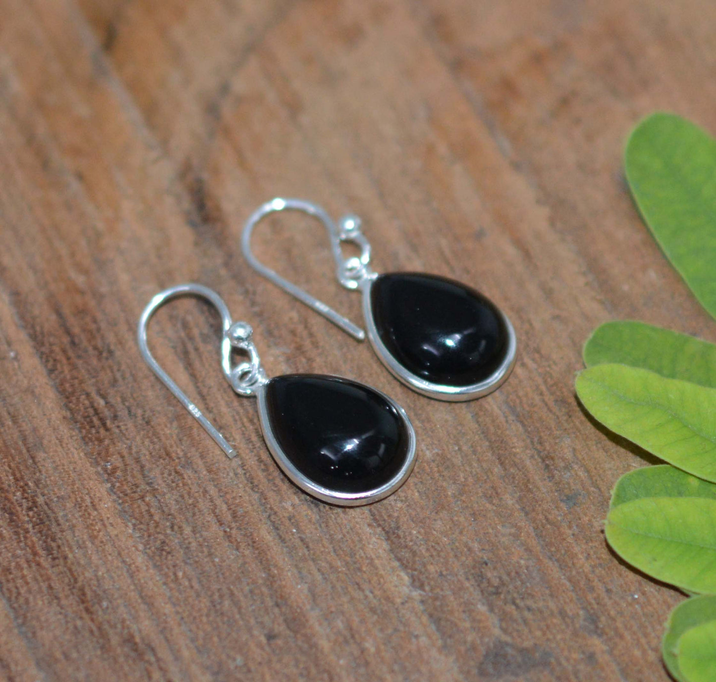 925 SOLID STERLING SILVER BLACK ONYX HOOK EARRING-1 INCH