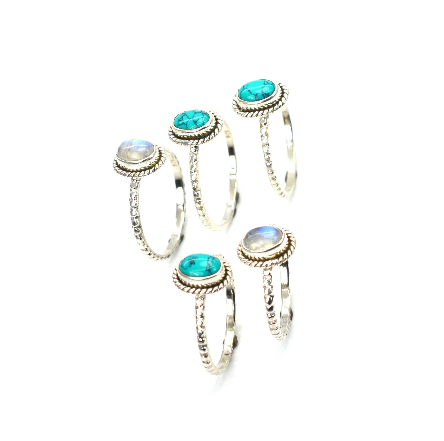 WHOLESALE 5PC 925 SOLID STERLING SILVER WHITE RAINBOW MOONSTONE MIX RING LOT