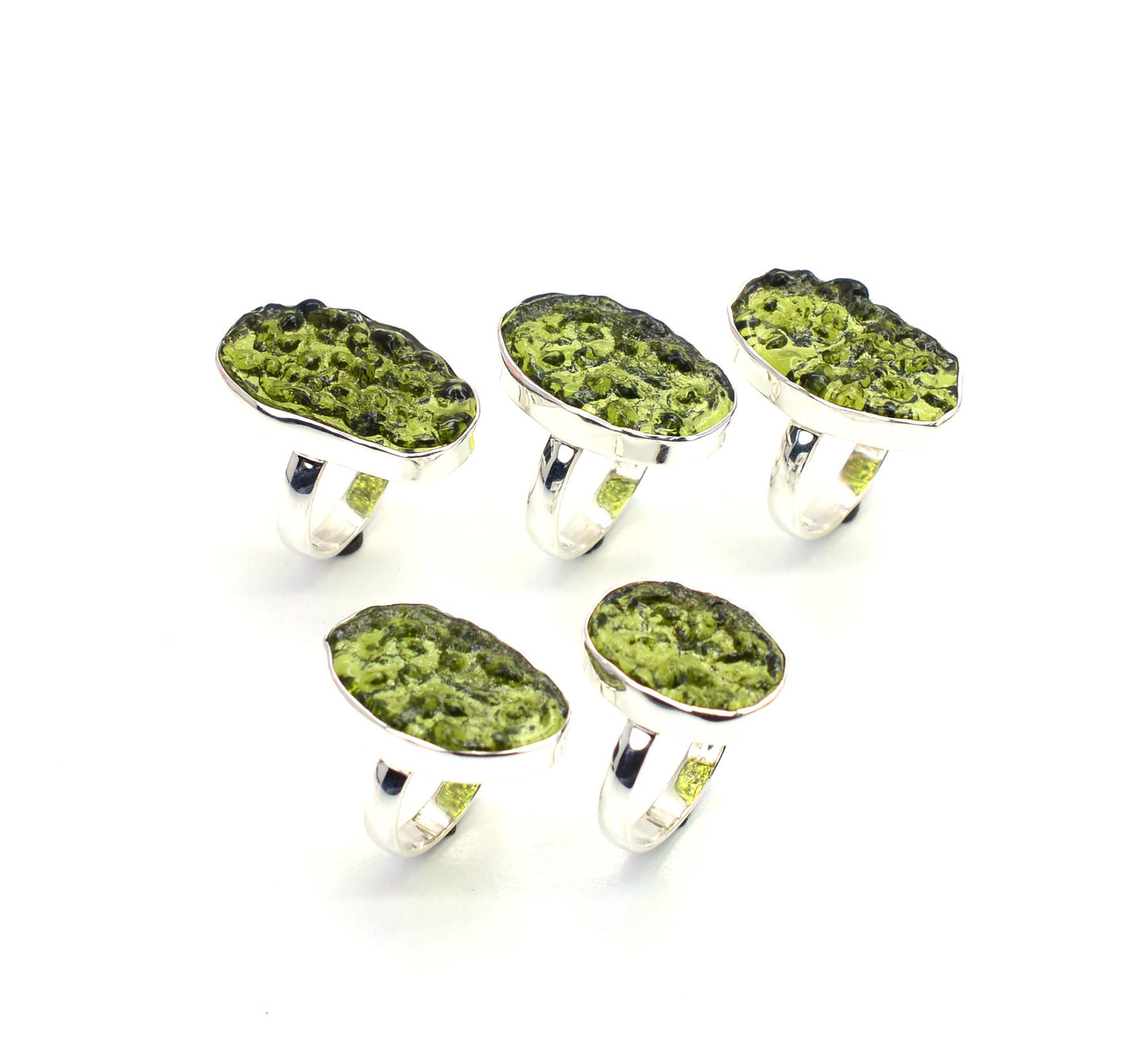 WHOLESALE 5PC 925 SOLID STERLING SILVER LAB GREEN MOLDAVITE RING LOT