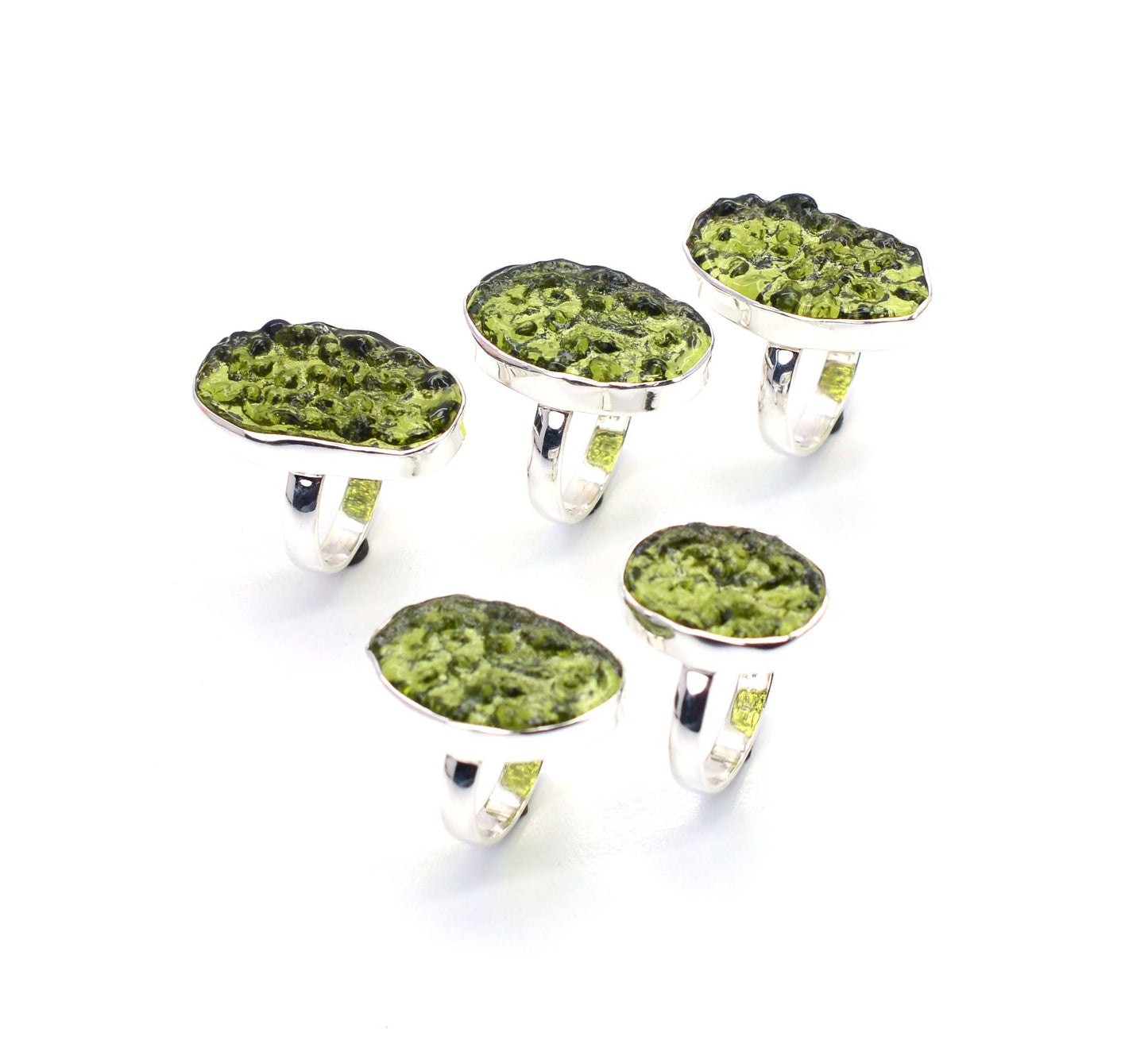 WHOLESALE 5PC 925 SOLID STERLING SILVER LAB GREEN MOLDAVITE RING LOT