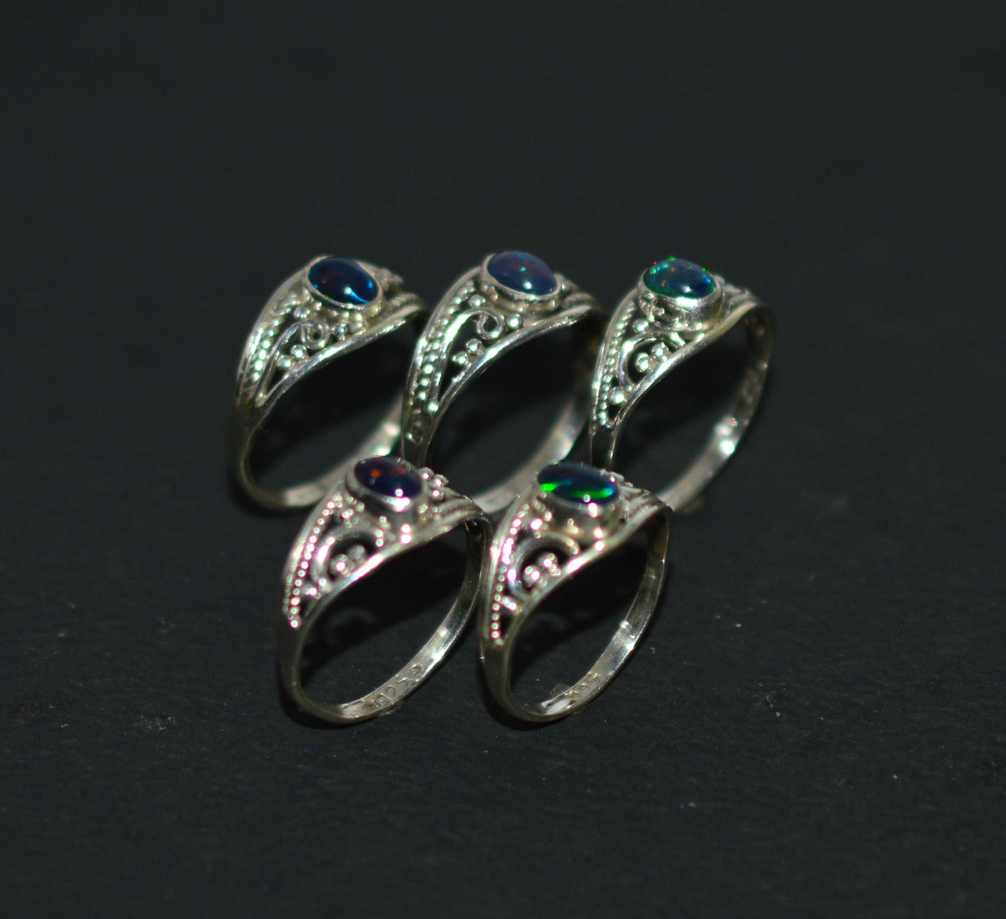 WHOLESALE 5PC 925 SOLD STERLING SILVER NATURAL BLACK ETHIOPIAN OPAL RING LOT