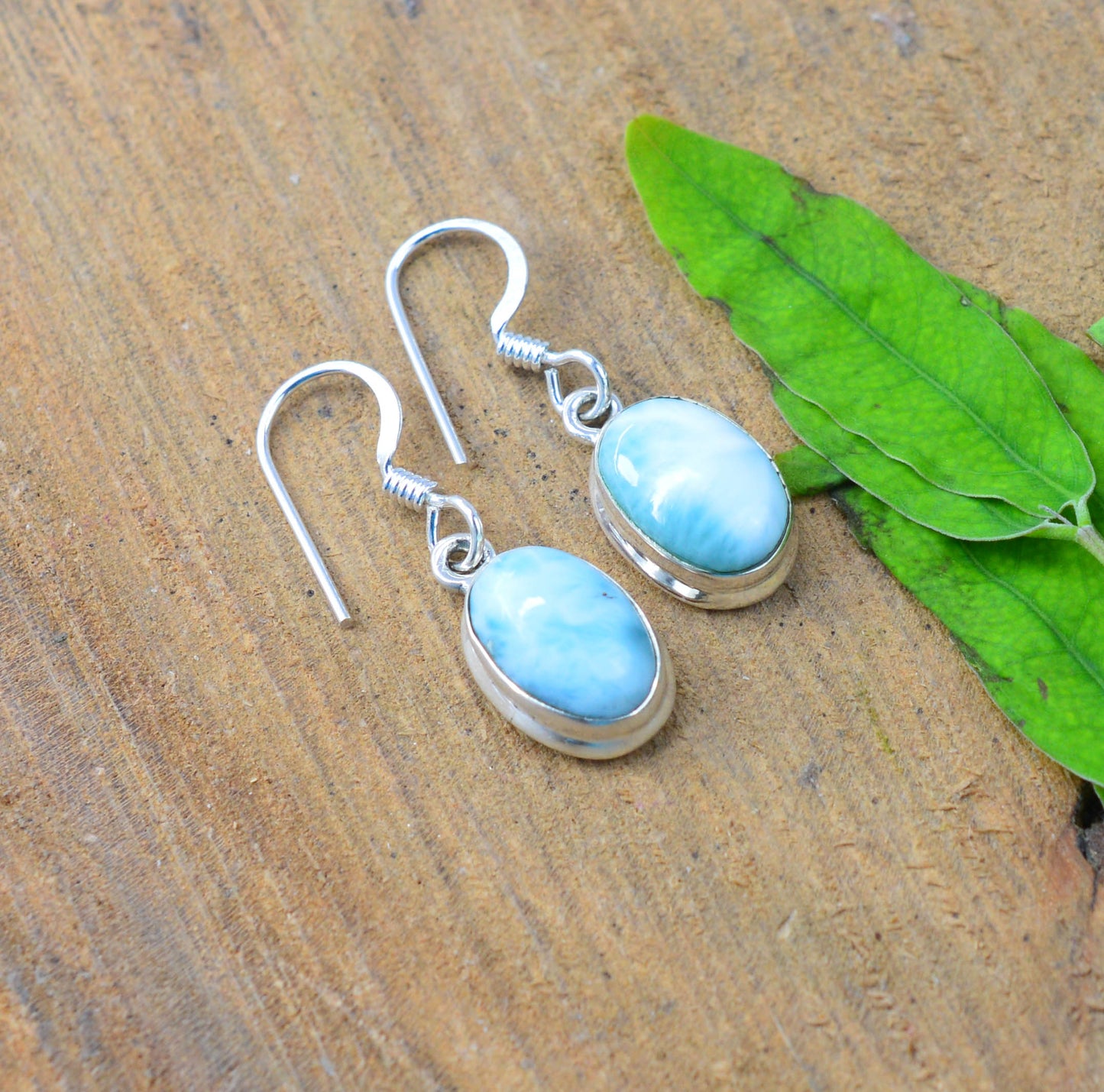 925 SOLID STERLING SILVER BLUE LARIMAR HOOK EARRING