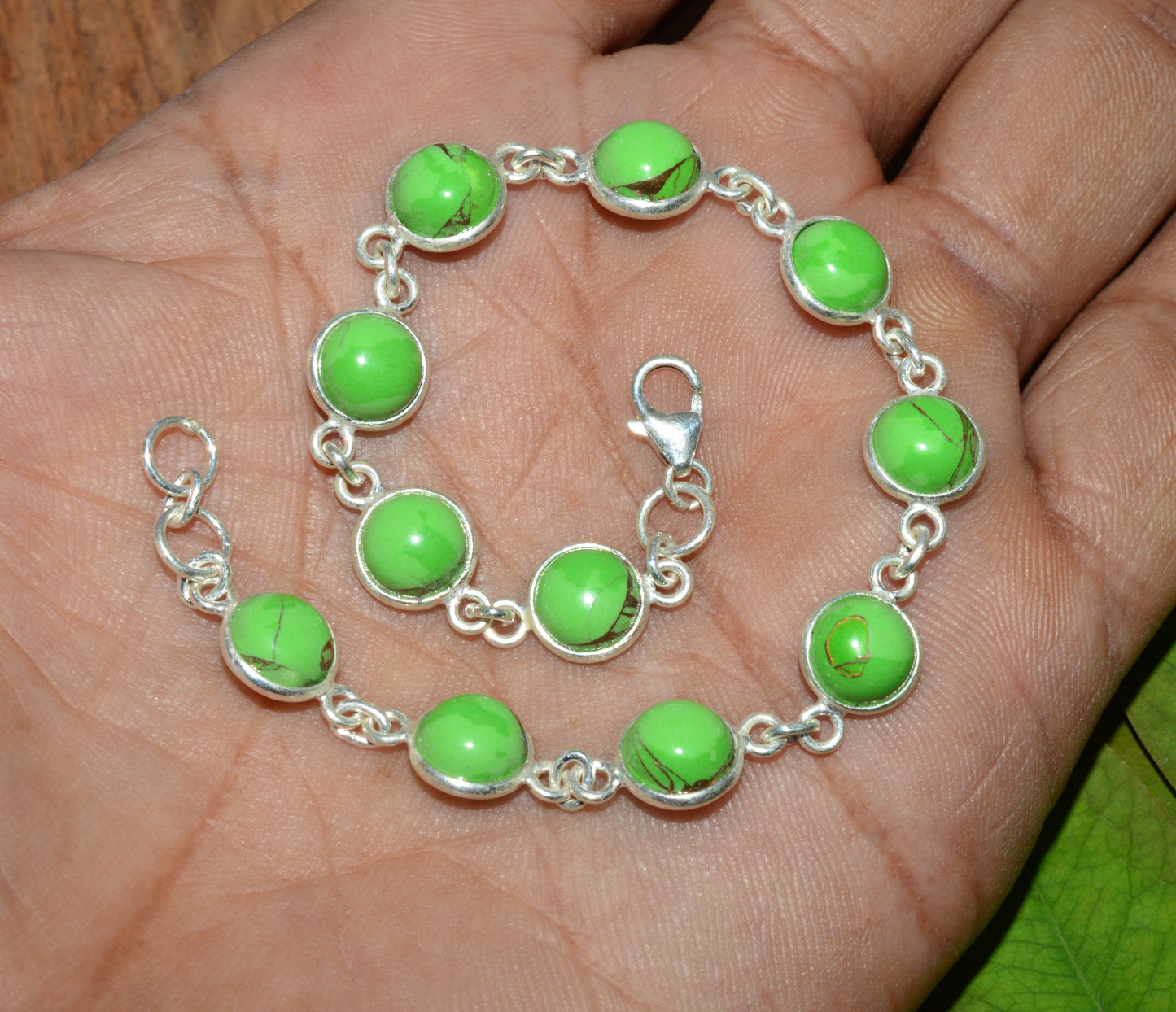 925 SOLID STERLING SILVER Green TURQUOISE HANDMADE BRACELET-7.6 INCH